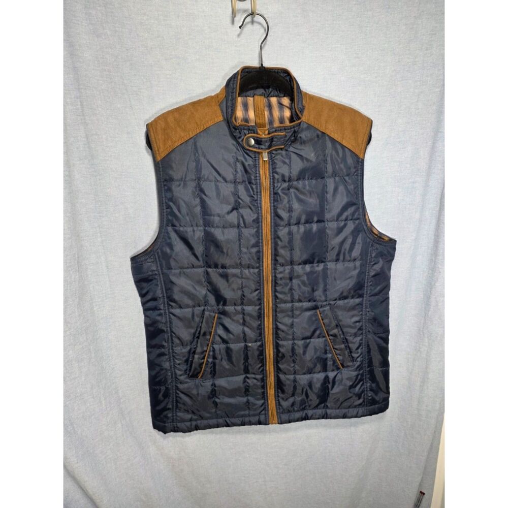 Alan Flusser Mens Large Navy Blue Quilted Puffer Vest Suede Yoke Plaid Lined
